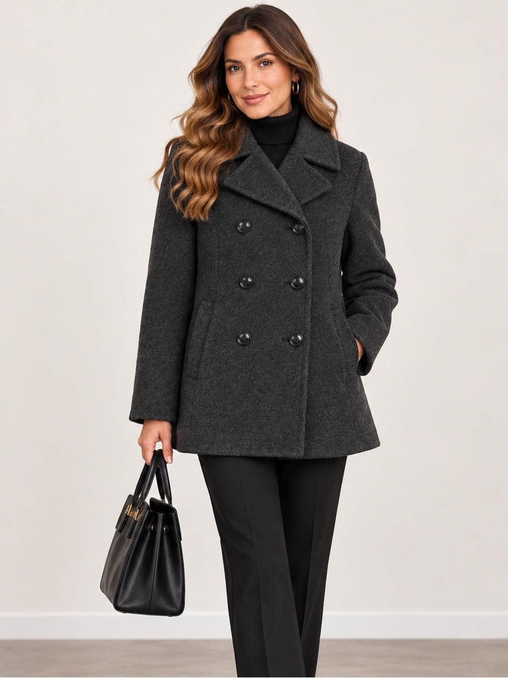 100% Wool Andrea Pea Coat Double Breasted Nautical bottons Size 12